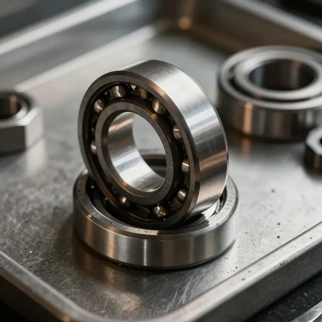 Machined bearing races, steel coupling and hex spacers on brushed aluminium in macro