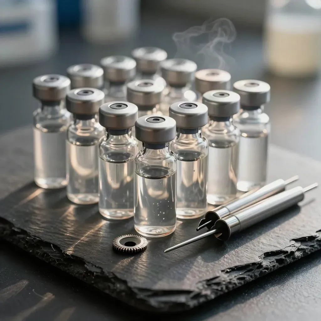 Lab vials, pipette tips, and centrifuge rotor ring on dark slate