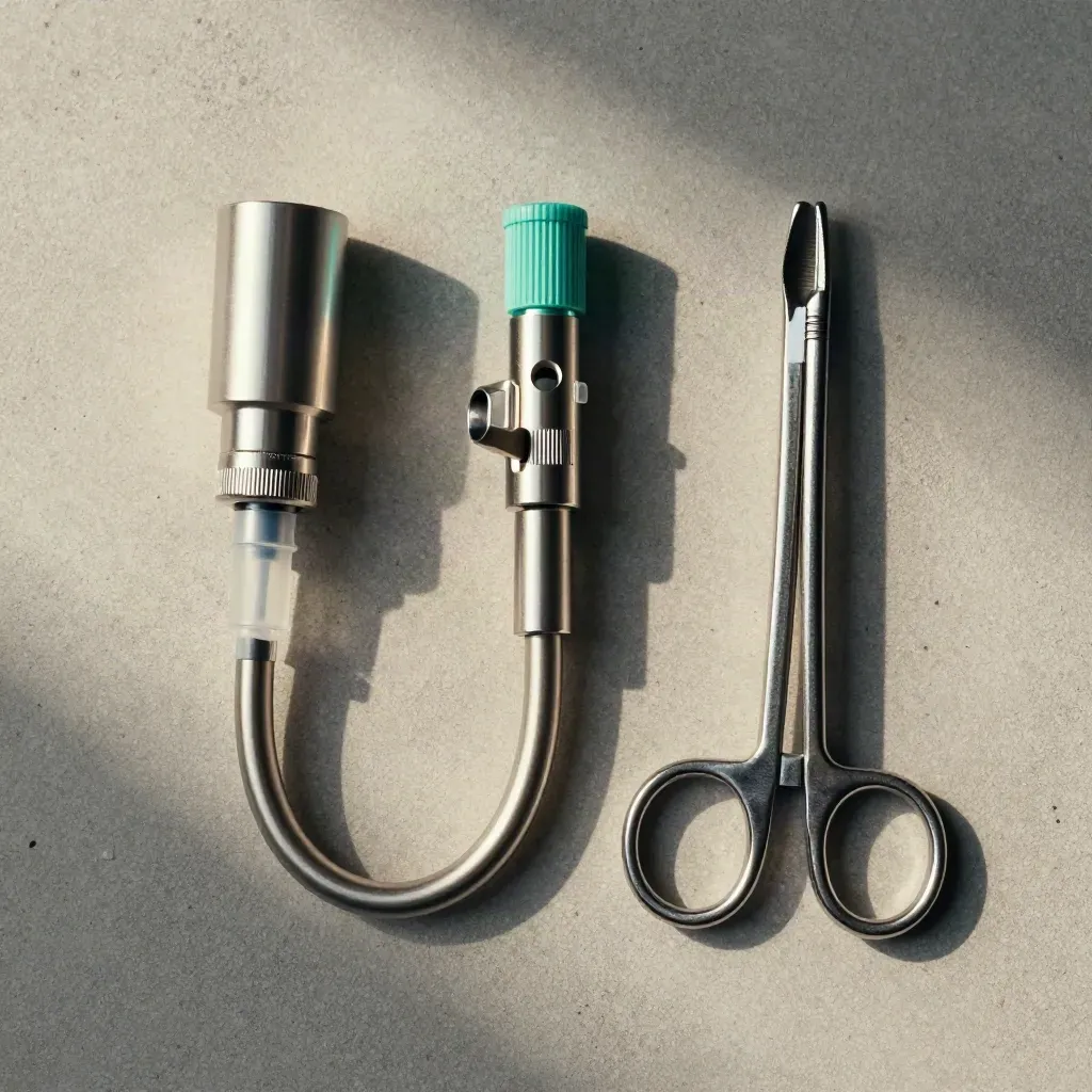 Stainless tubing, infusion connector, and steel clamp on pale concrete in dramatic top-down light.