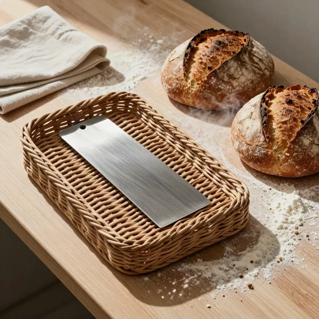 Proofing bannetons, bench scraper, flour linen and two loaves on pale wood in soft bakery light