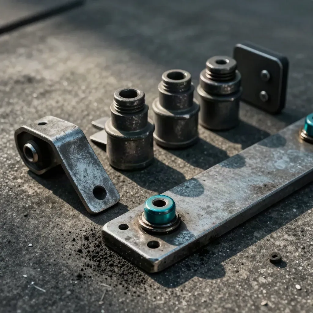 Rail fastening hardware on dark concrete with a teal spacer, dramatic top-down still life