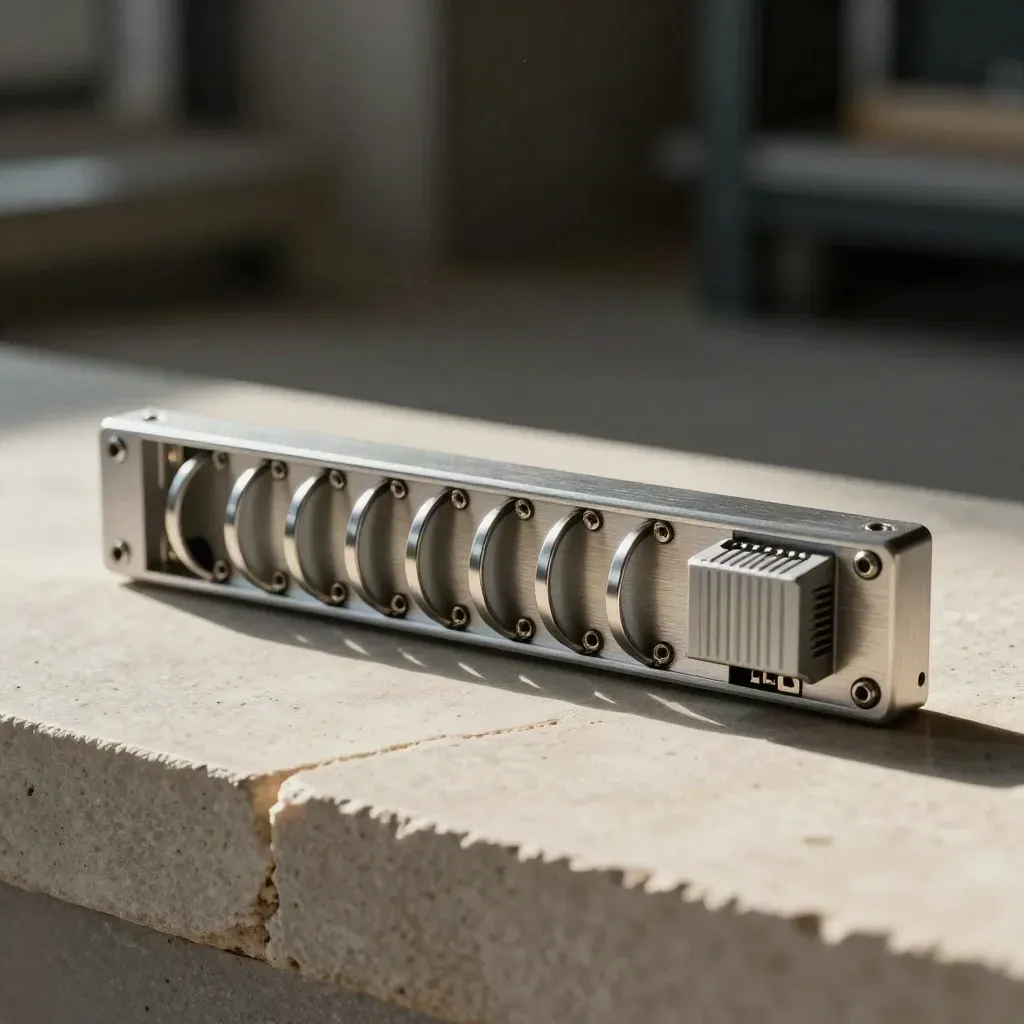 Macro still life of patch-panel frame, cable rings and DIN-rail power module on brushed stone