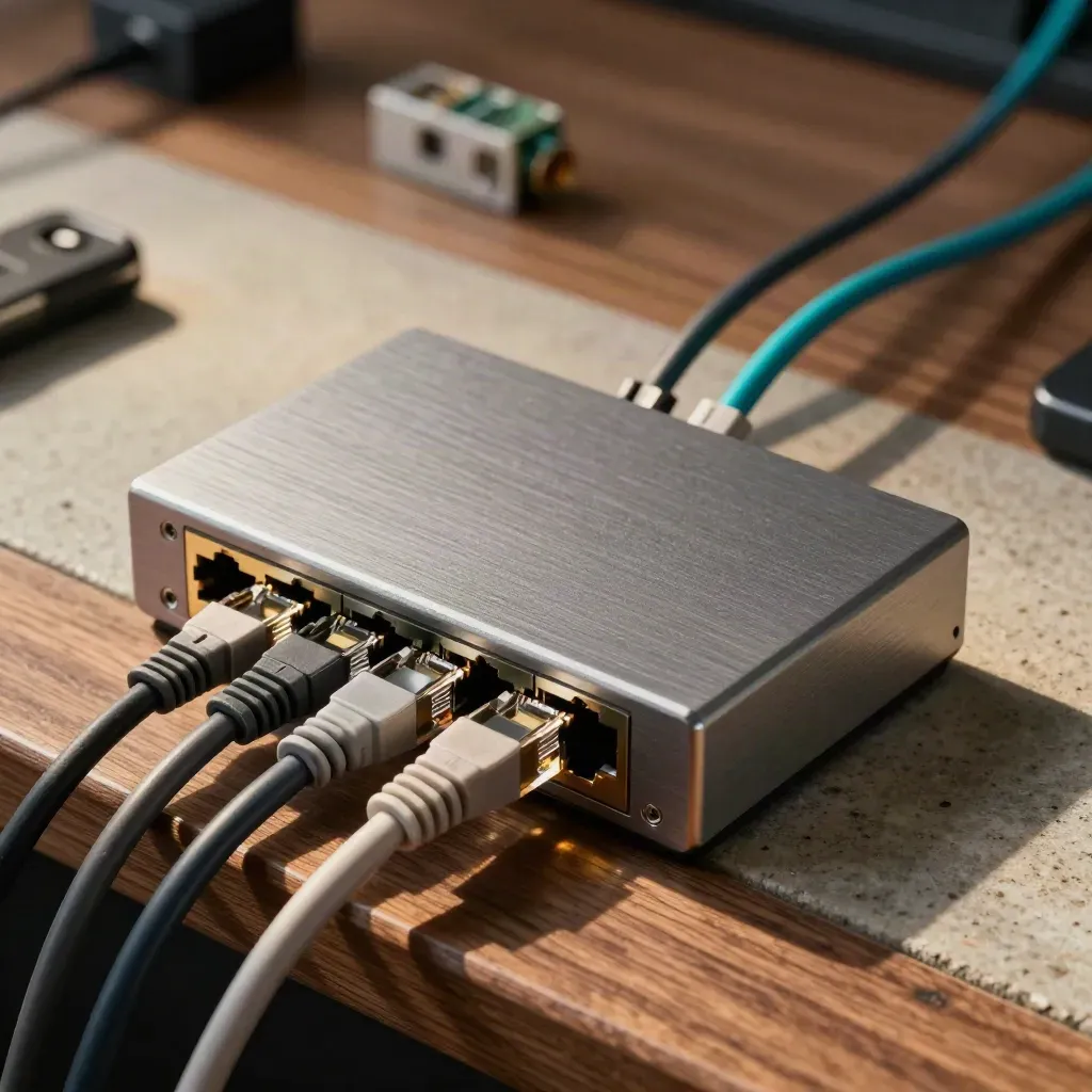 Top-down macro of a brushed-metal network hub with patch leads and terminal blocks on a walnut bench.