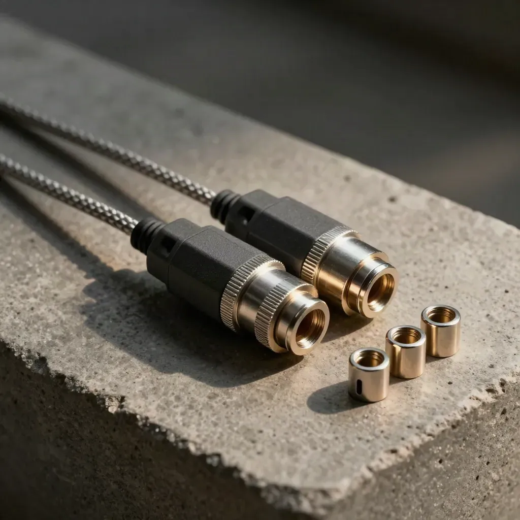 Macro of two connected connector blocks, braided cable, and three adapter sleeves on stone