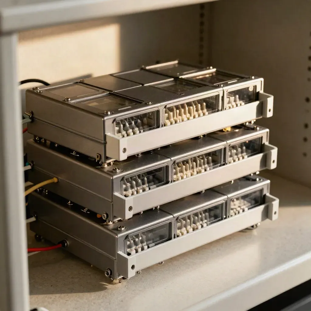 Stacked relay modules with bracket and wiring comb in a clean industrial cabinet close-up.