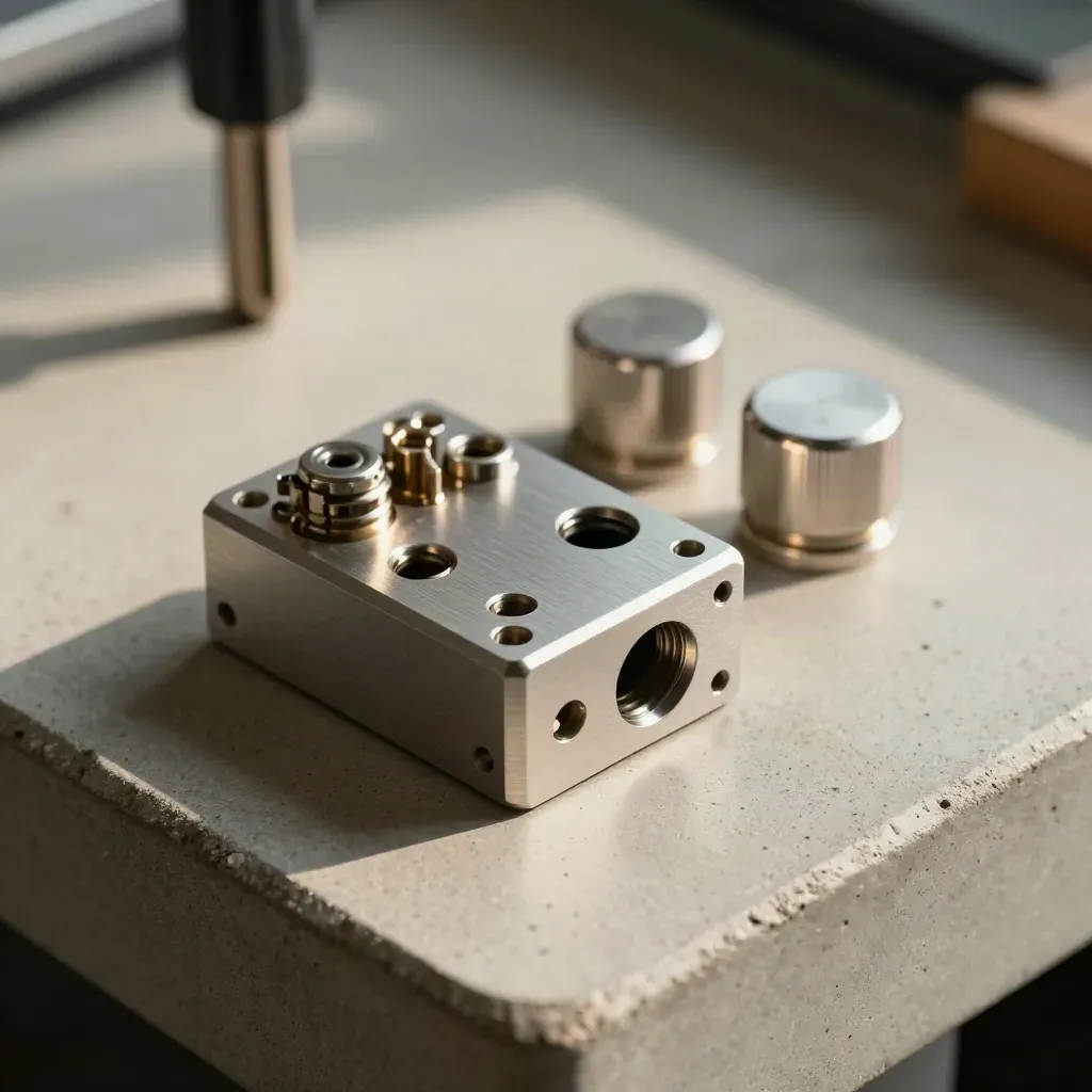 Machined silver breakout block with adapters and sealed port caps on concrete.