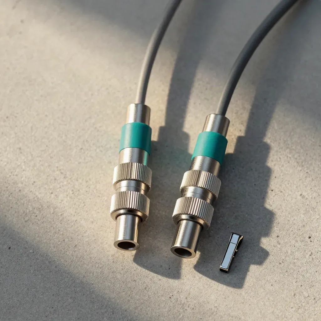 Top-down still life of fibre couplers and a coiled patch lead on pale concrete.