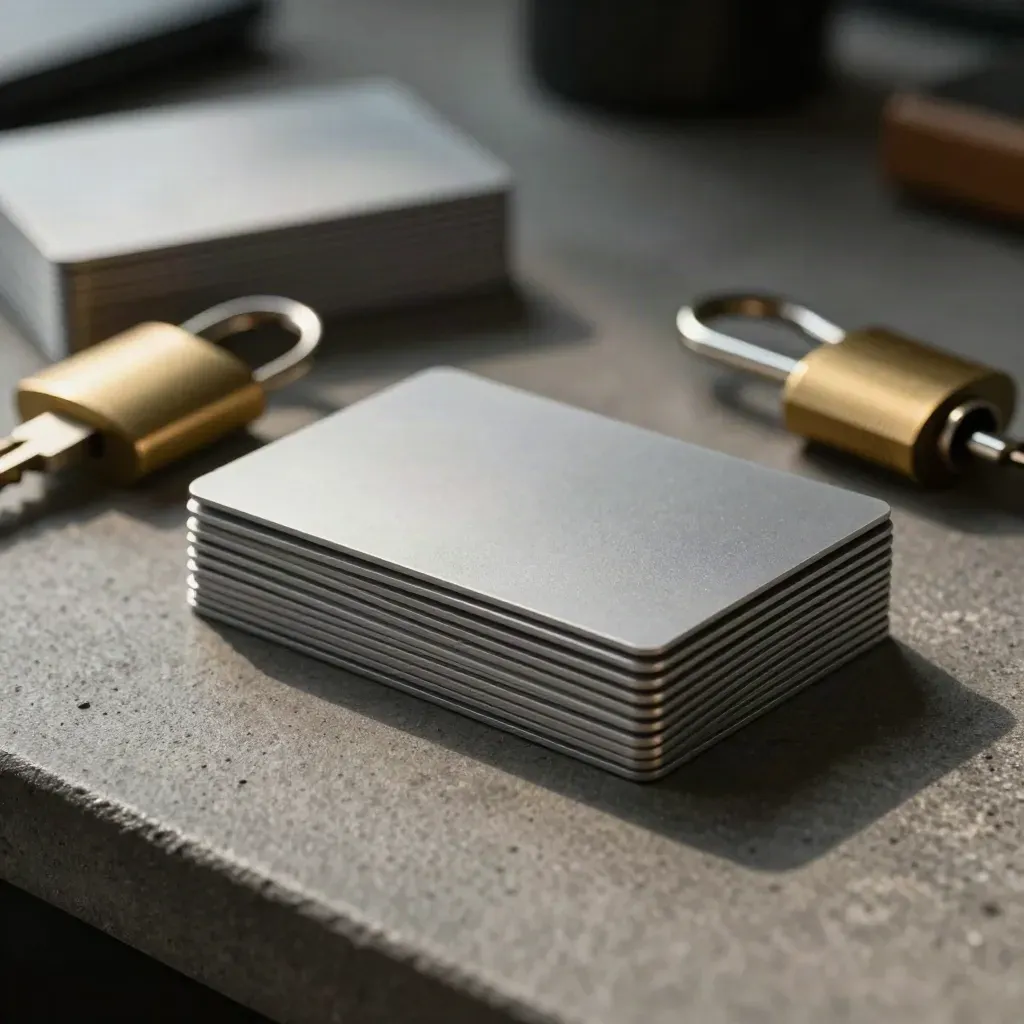 Macro of smart-card stacks, brass key fob, and a lockable access-tag case on graphite concrete.