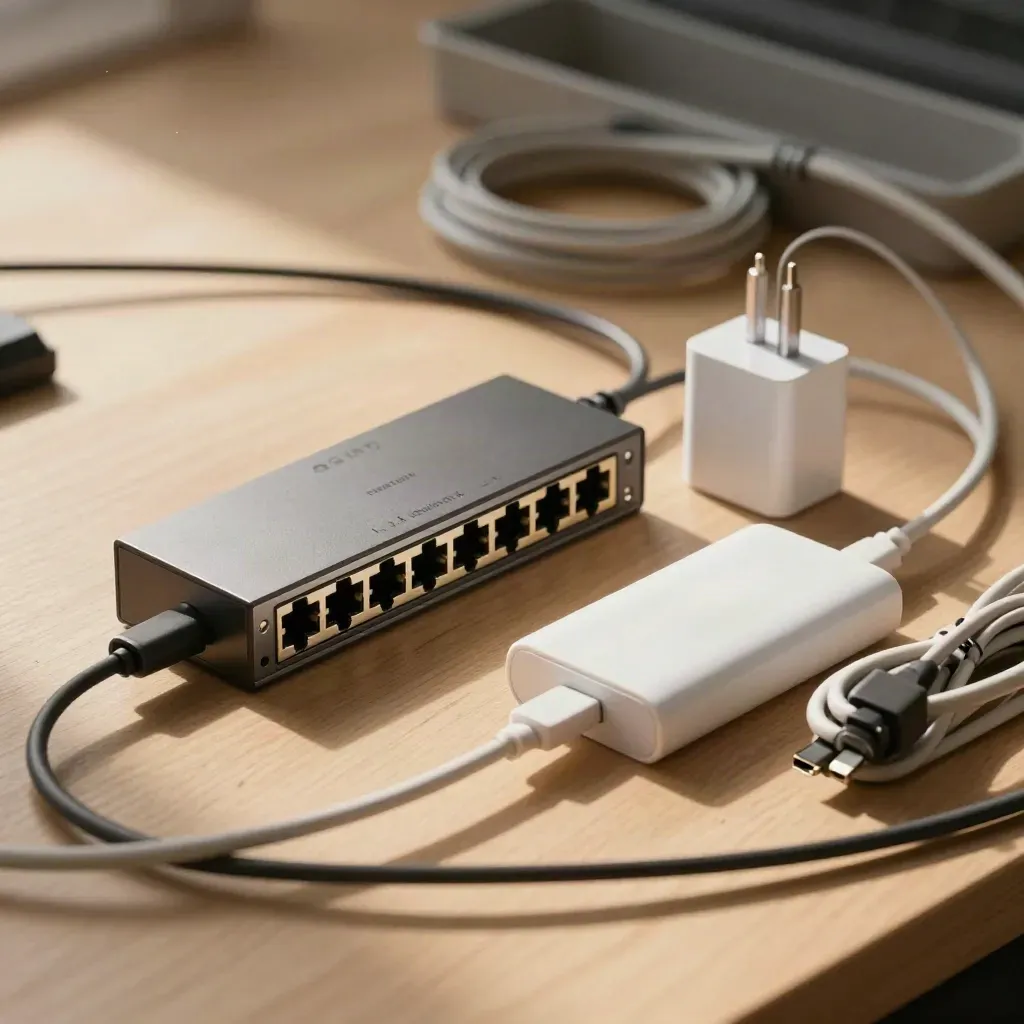 Graphite switch, white hub, charger brick and patch leads on a pale oak desk, seen through a blurred cable coil.