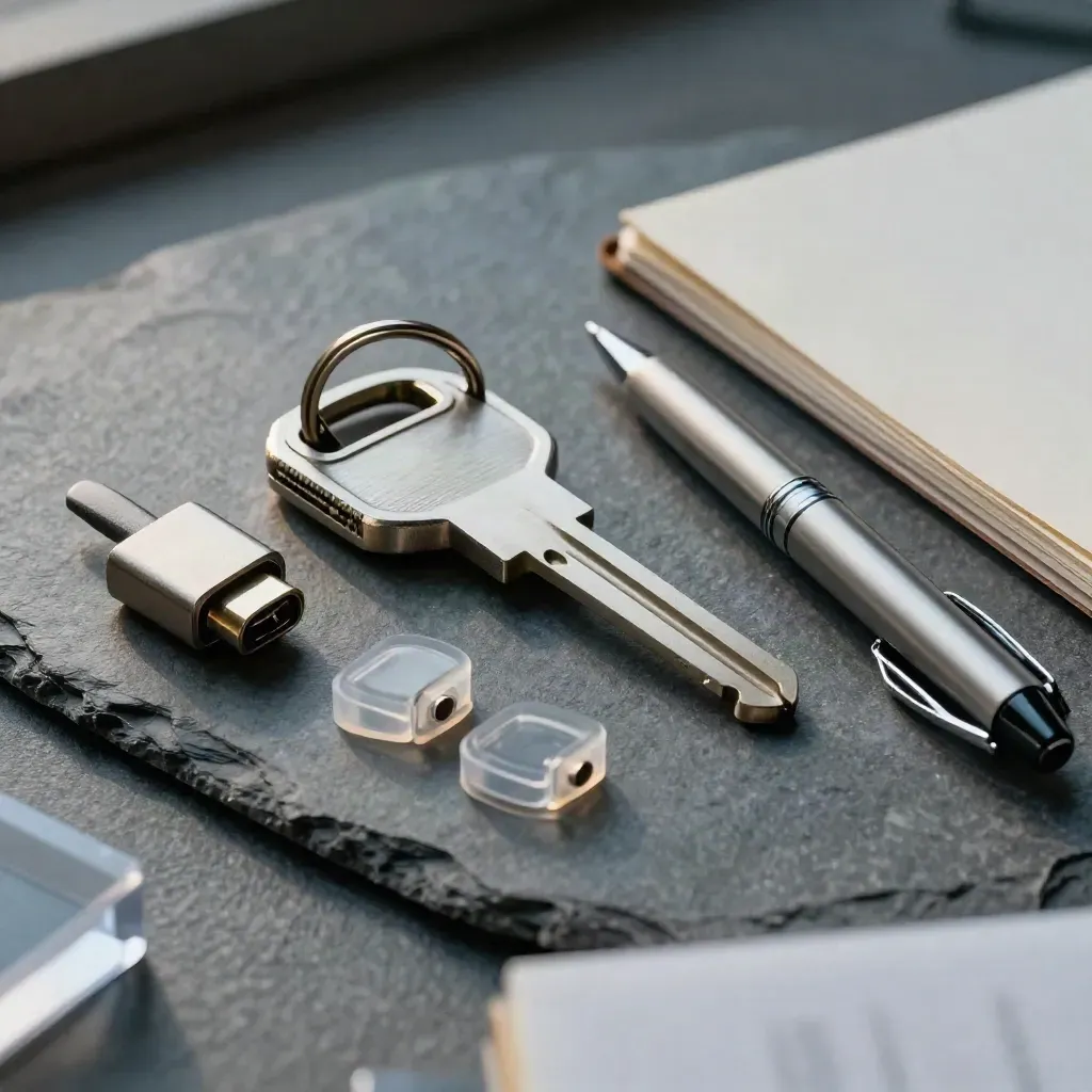 Hardware key, adapter, connector shells and pen beside a closed folio on a slate workbench.