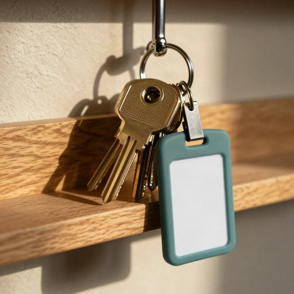 Top-down macro of keys, hardware token, badge and lockbox latch on oak with teal accent