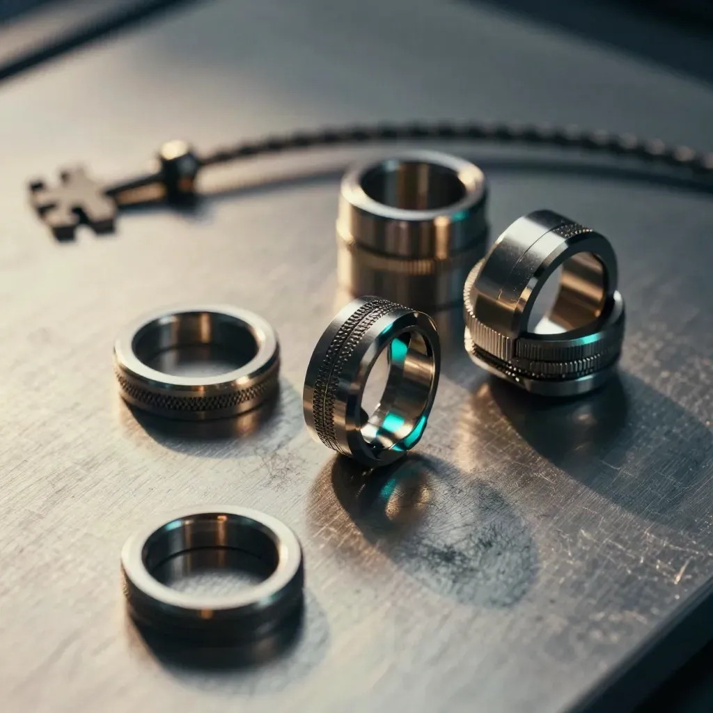 Linked metal rings, braided cable, and couplers on brushed aluminium with cyan accent