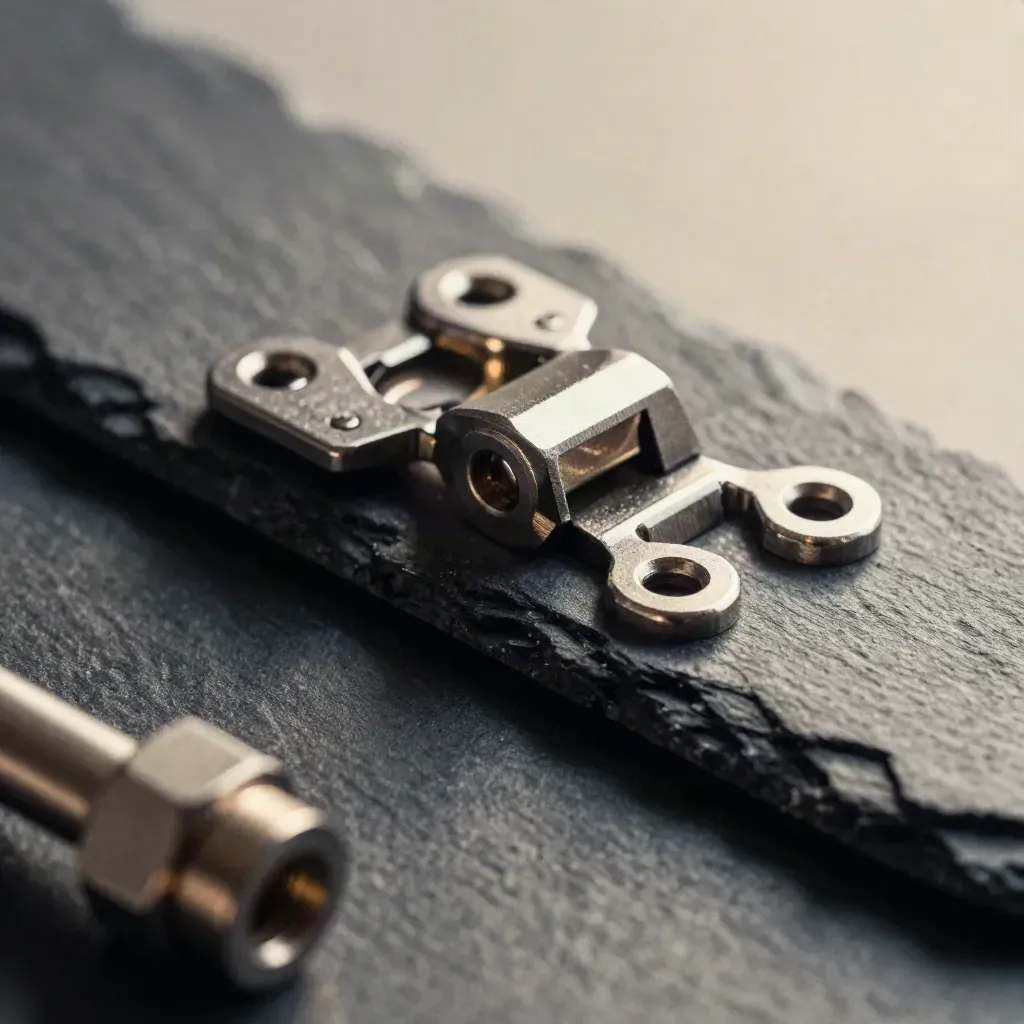 Macro of connected metal couplers and hinge block on slate with graphite dust