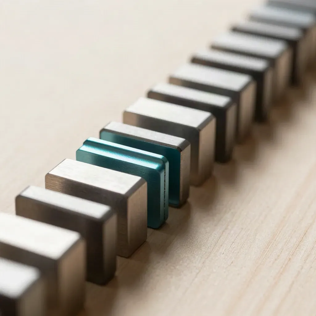 Macro of modular rail blocks and spacers aligned on pale wood, lit from upper left.