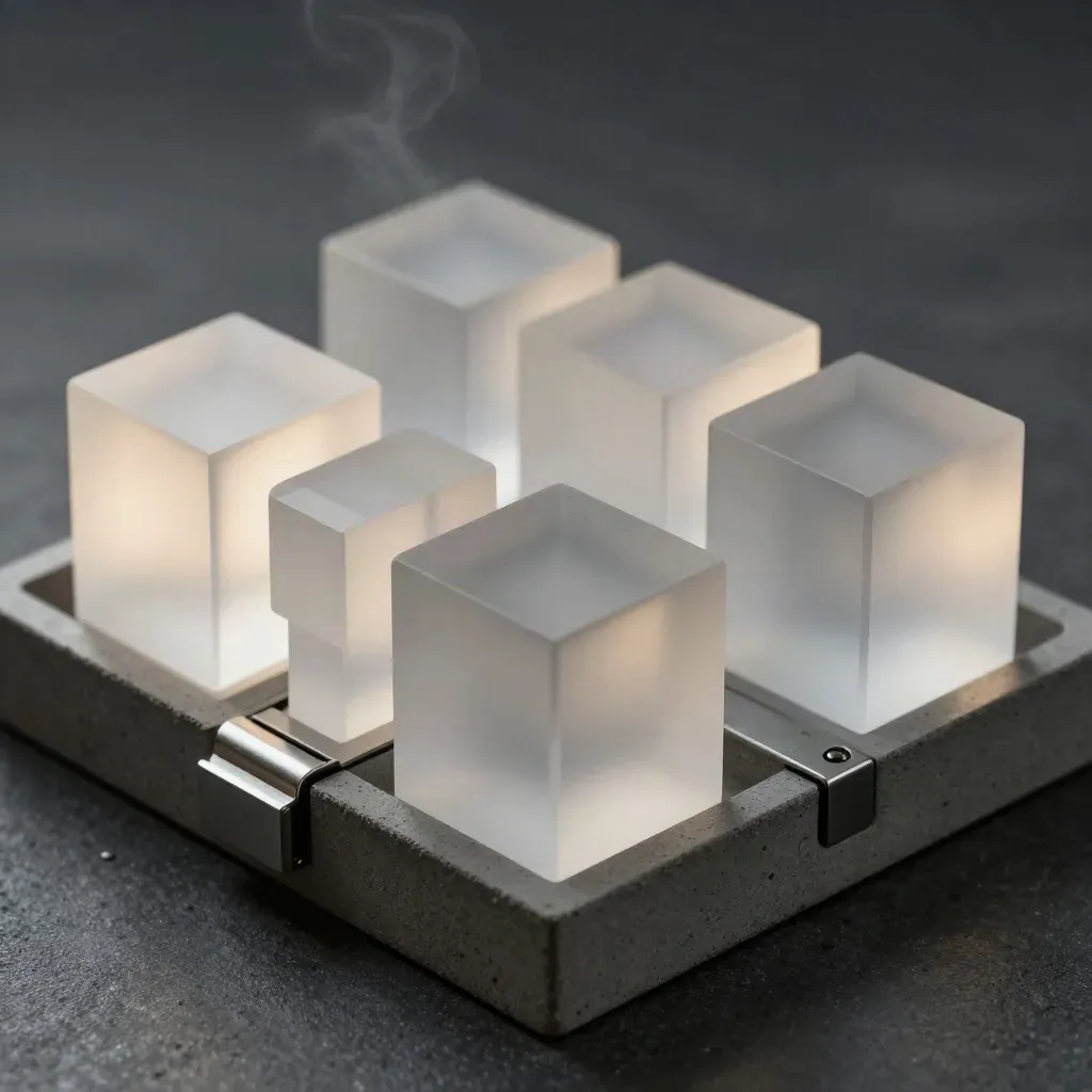 Frosted acrylic cubes, a clamp and modular tray on concrete under dramatic studio light.
