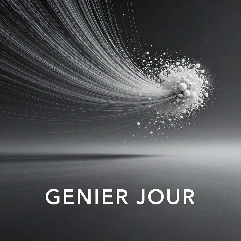 Silver particle streams converge into a soft white bloom in graphite haze.